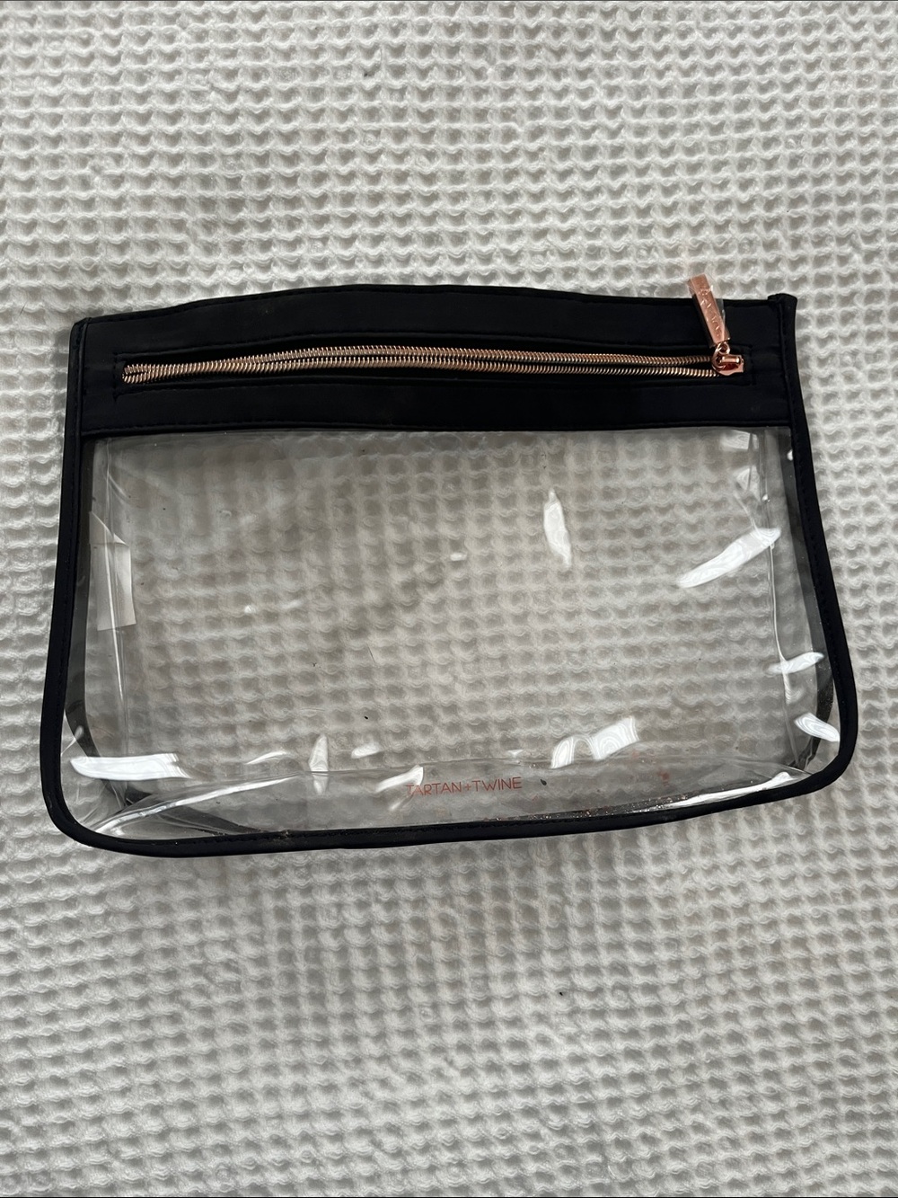 Clear Travel Pouch with Black Trim and Rose Gold Zip